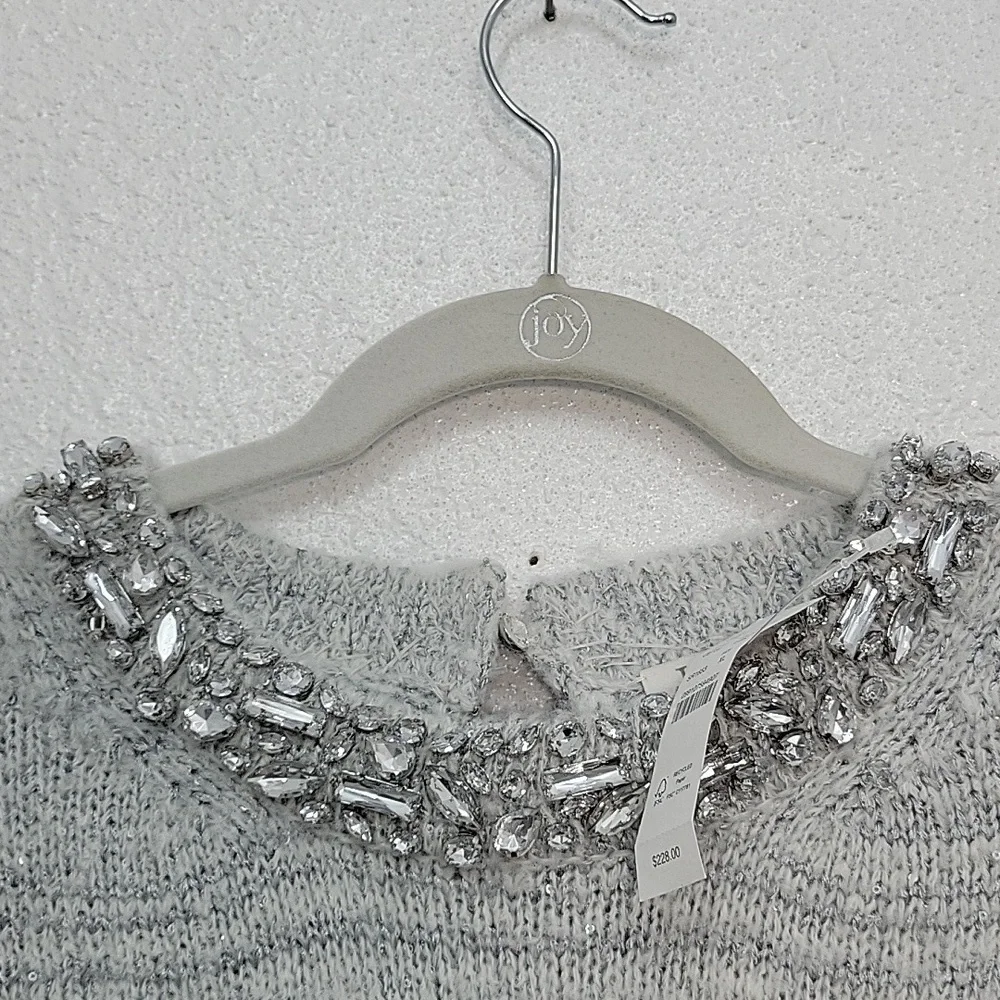 J Crew Embellished pullover Rhinestone Collar sweater XL Grey CE731